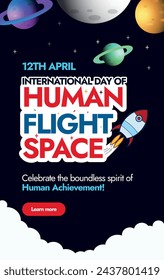 International day of Human Space Flight.12th April International day of human space flight celebration story post, banner, social media post with space icons, moon, planets, spaceships, stars. 