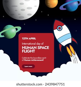 Día Internacional del Vuelo Espacial Humano.12 de abril Banner del Día Internacional del Espacio con iconos de planetas, luna y nave espacial, estrellas. Banner de la Semana Nacional del Espacio. Celebrando el gran logro humano.