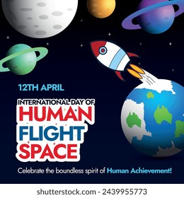 International Day of Human Space Flight.12th April International Day of Human Space Flight banner to celebrate human achievement with icons of planets, spaceship, flag on moon, stars, Saturns, earth. 