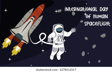 Día Internacional del Vuelo Espacial Humano. Un cohete espacial está volando al espacio con un astronauta por la borda, explorando otros planetas. Cartel del Día Mundial de la Cosmonáutica. Día del espacio. Un astronauta vuela