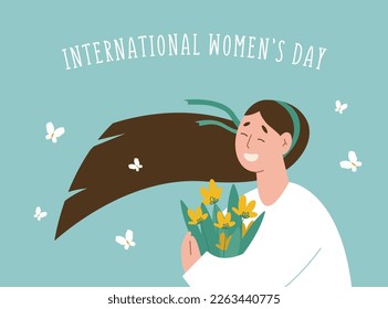 International women’s day illustration of a woman holding flowers and butterflies flying around her.