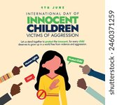 International day of innocent children victims of aggression. 4th June Child abuse awareness banner with a girl child and people pointing finger on her. Protect children from physical, mental abuse.