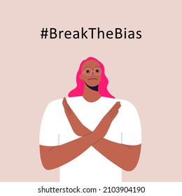 International women’s day. IWD. 8th march. Poster with black woman cross arms. #BreakTheBias campaign.  Vector illustration in flat style for web, banner, social networks.