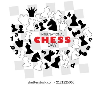 International Сhess day. July 20. Holiday greeting poster. White isolated background. Text. Doodle style. Vector illustration