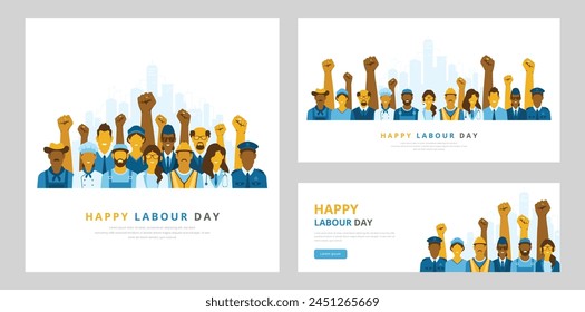 International workers’ day or labour movement concepts with smiling professionals from divers fields, raised hands and fists clenched. Ideal for posters, web banners, headers, or social media posts