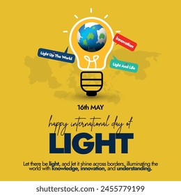 International day of light. 16th May 2024 International light day celebration banner with silhouette world map, light bulb, earth globe in it, speech bubbles with yellow background. Light In Our Lives