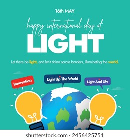 International day of light. 16th May International light day social media post with world map earth globe, two light bulbs and speech bubbles with aqua green background. Light In Our Lives. Vector