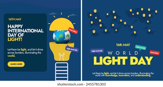 International day of light celebration posts, banner templates. 16th May International day of light celebration banners, posts conceptual designs. Silhouette world map and multiple lightbulbs on it.