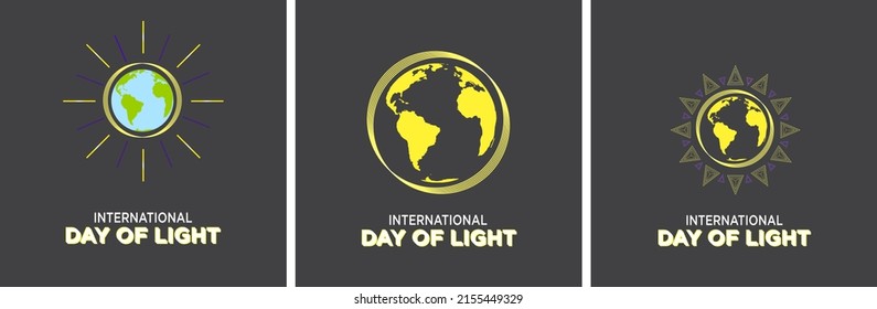 International Day of Light Concept Set. Celebrated on May 16. Sun and sunlight vector illustration and day of light typography. For Social media, design element, banner, poster, card, cover. Editable.