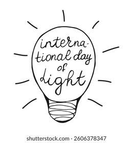International Day of Light handwritten words in bulb shape isolated on white background. Hand drawn Calligraphy lettering. Text banner poster card
