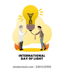 International Day Of Light Illustration Vector with a man lights a lamp and a man creates a lamp