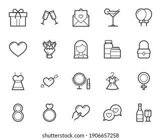 International Woman’s Day Line Icon Set. Collection Of Holidays Signs For Web Design And Mobile App. Women’s Day Pictograms. Flower, Gift, Dress, Postcard, Heart, Cocktail Icon On White Background. 