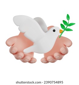 International Day of Living Together in Peace. Volunteer hands holding a Dove of Peace. 3D vector render illustration