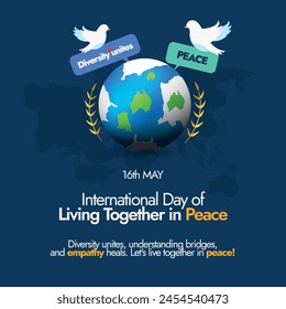 International Day of Living Together in Peace. 16th May international day of living together in peace with earth globe, silhouette world map and pigeons. Respect, appreciate others and live in unity.