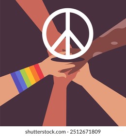 International Day of Living Together in Peace. Different nationalities with sign. World Peace Day. International Day of Peace. No war concept. Flat vector illustration.