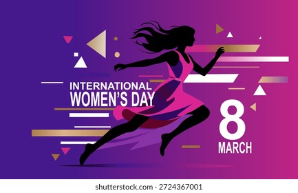 Internationaler Frauentag 8. März Dynamisch Laufende Frauendarstellung. Perfekt für die Kampagnen zum Internationalen Frauentag, die Empowerment, Gleichheit, Motivation und Widerstandsfähigkeit hervorheben.