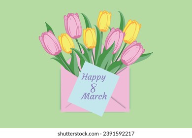 International Day March 8th. Vector illustration of an envelope with tulips and a congratulatory letter.