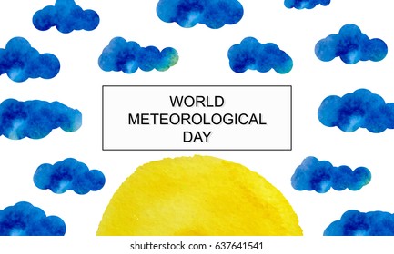International day of meteorology. March 23. Background with oblakami the sun in the sky. Watercolor background. Vector illustration