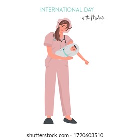 International Day of the Midwife. A midwife in uniform is holding a newborn baby in her arms. Pleasant flat vector illustration with a woman working in a maternity hospital.