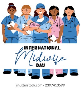 The International Day of Midwives is celebrated annually on May 5. Midwife, a medical professional who cares for mothers and newborns during childbirth. Medical uniform, staff, nurse, twins. Vector