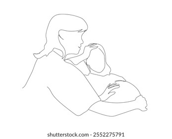 International Day of the Midwives. One continuous line drawing of a midwife feels the belly of a pregnant woman. Examination of a woman in labor in late pregnancy.  Hand made vector not AI.