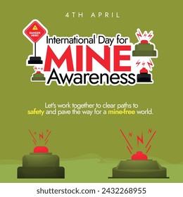 International day for Mine Awareness. 4th April International day for Mine Awareness banner with mine icons, danger sign. Awareness banner to raise awareness and seek assistance for mine action.