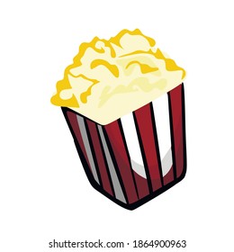 International day of the movie. White popcorn on a white background in a red and white box. Beautiful, bright popcorn.