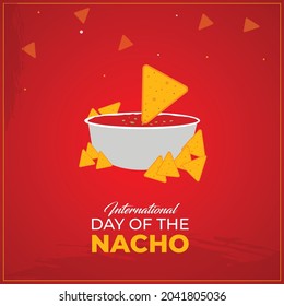 International Day of the Nacho. October 21. Mexican nachos corn chips with red salsa sauce icon. Template for background, banner, card, poster. Vector illustration.