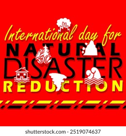 O Dia Internacional para a Redução de Desastres Naturais celebra-se em 13 de outubro. Texto arrojado com ícones de desastres como trovoada, deslizamento de terra, incêndio florestal, enchente, tornado e tsunami em fundo vermelho.