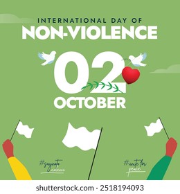 Dia Internacional da Não Violência. 2 de outubro Banner de celebração do dia da não violência com bandeiras brancas indicando paz, negociação. O dia celebra o aniversário do pioneiro de Gandhi da não violência.  