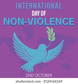 International Day of Non Violence poster design, world map with pigeon vector, bird, world peace, 2nd October.