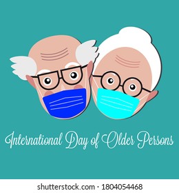 International day of the older person after quarantine. Card template with cute grandma and grandpa in masks. Vector illustration for web, greeting card, invitation, banner, print, social media post.