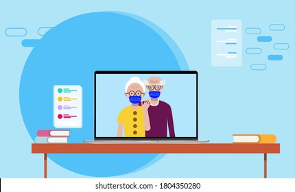 International day of the older person after quarantine. Card template with cute grandma and grandpa in masks. Vector illustration for web, greeting card, invitation, banner, print, social media post.