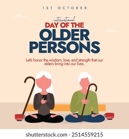 International day of the Older Persons. 1st October Older persons day celebration banner, post with two old people with white hairs holding cane. The day recognize the contributions of older persons.