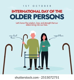 International day of the Older Persons. 1st October Older persons day celebration banner with young girl holding an old man with grey hairs, cane, walker. The day recognize the contributions of elders