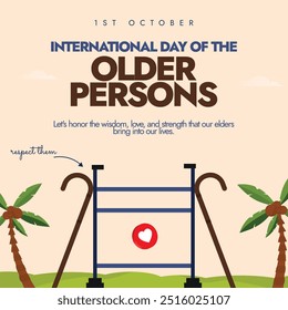 International day of the Older Persons. 1st October Older persons day celebration banner with canes and walker. The day recognise the contributions of elders, their problems, so that we respect them.