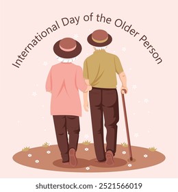 International day of the Older Persons. 1st October Older persons day celebration banner, post with two old people with white hairs holding cane. The day recognize the contributions of older persons.