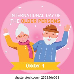 International day of the Older Persons. 1st October Older persons day celebration banner, post with two old people with white hairs holding cane. The day recognize the contributions of older persons.