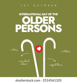 International day of the Older Persons background, banner, post design. 1st October Older persons day celebration banner with two canes. The day honors old people's contributions and their problems.