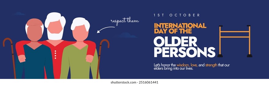 International day of the Older Persons cover banner, background, post. 1st October Older persons day celebration cover banner with three old male friends with white friends. 