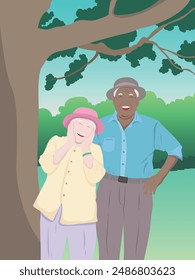 International Day of Older Persons, elderly couple smiling happily under a big tree vector illustration theme