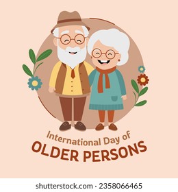 Día Internacional de las Personas de Edad. Diseño de vacaciones con una pareja adorable mayor para banner, afiche, tarjeta. Hombre mayor y mujer abrazándose. Ilustración plana vectorial sobre fondo beige