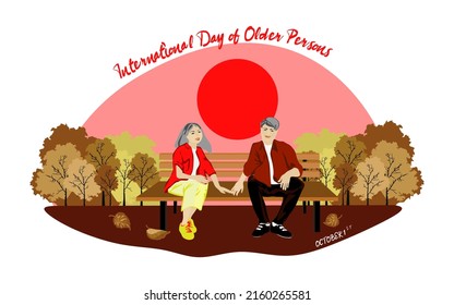 International day of older persons vector illustration. Asian elderly woman and man. Happy and smiling elderly woman and man are sitting on a bench and holding hands