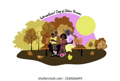 International day of older persons vector illustration. African American elderly woman and man with grandchildren. Happy and smiling elderly woman and man are sitting on a bench in the autamn park
