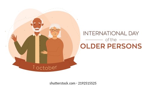 International Day Of The Older Persons Vector Banner. An Age Couple Of A Black Man And A White Woman Are Happy Together. Illustration For Posters, Cards, Web Design. Abstract Background In Peach