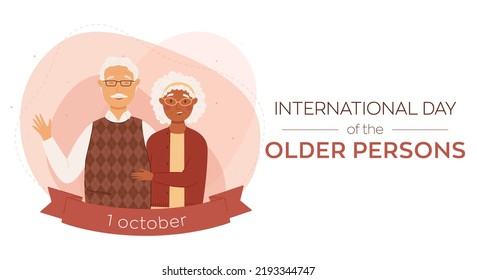 International Day Of The Older Persons Vector Banner. An Age Couple Of A Black Woman And A White Man Are Happy Together. Illustration For Posters, Cards, Web Design. Abstract Background In Peach