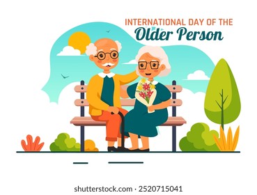 Día Internacional de la Ilustración vectorial de las Personas Mayores con un Hombre y una Mujer de Edad que Celebran en un Fondo de Dibujos Animados de Estilo Plano