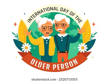 Día Internacional de la Ilustración vectorial de las Personas Mayores con un Hombre y una Mujer de Edad que Celebran en un Fondo de Dibujos Animados de Estilo Plano