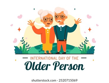 Día Internacional de la Ilustración vectorial de las Personas Mayores con un Hombre y una Mujer de Edad que Celebran en un Fondo de Dibujos Animados de Estilo Plano