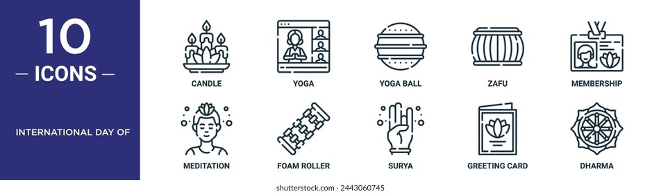 international day of outline icon set includes thin line candle, yoga, yoga ball, zafu, membership, meditation, foam roller icons for report, presentation, diagram, web design